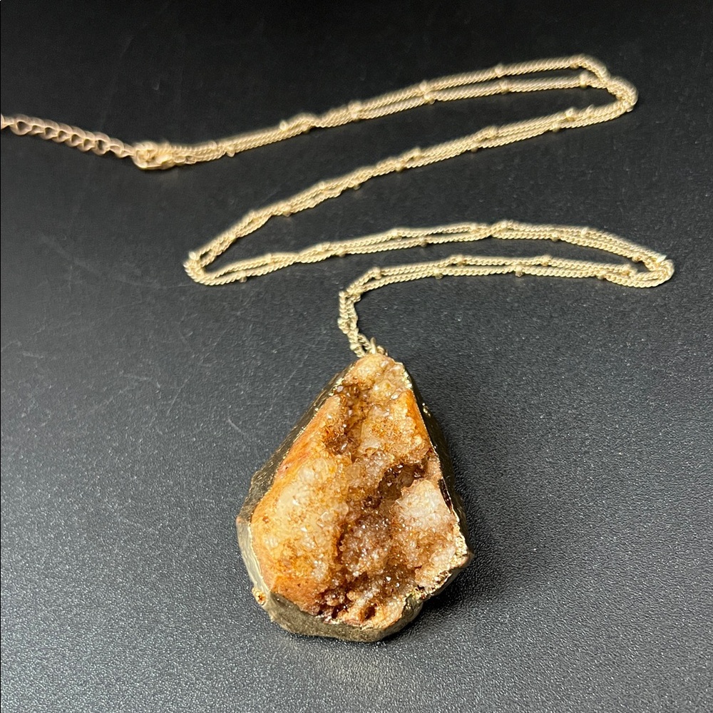 Raw Druzy Crystal Geode Gold Dipped Pendant 32” Necklace